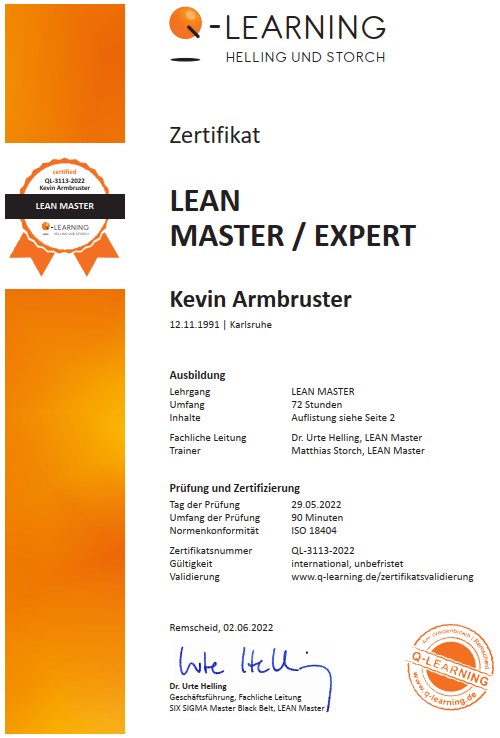 Lean Master Zertifikat ISO 18404 – Kevin Armbruster